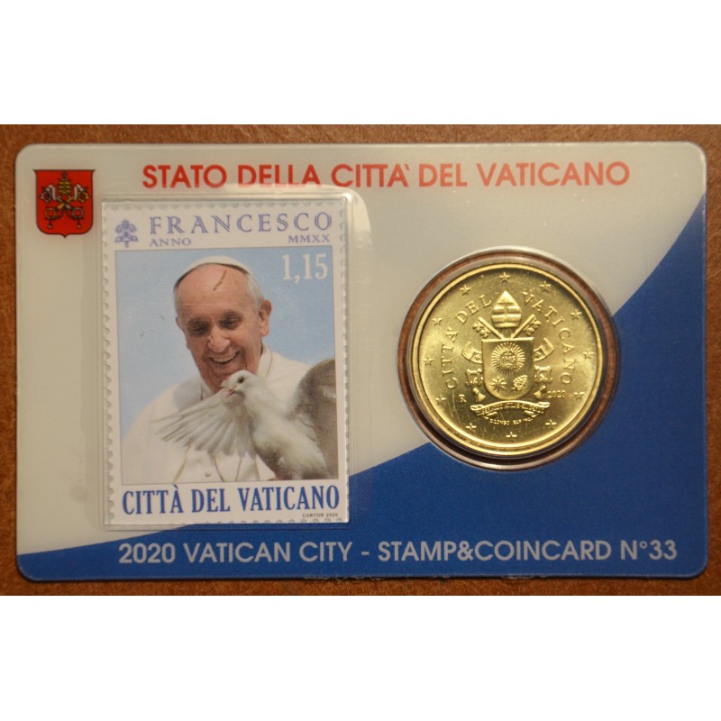 euroerme érme 50 cent Vatikán 2020 hivatalos érme és bélyegkártya N...