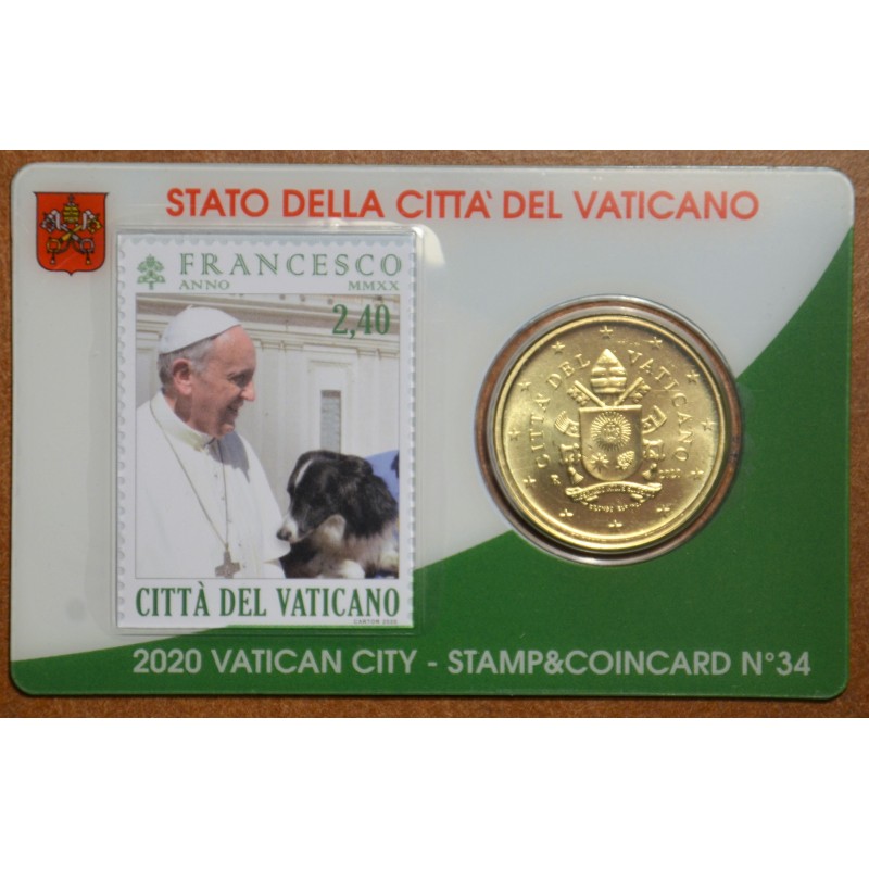 euroerme érme 50 cent Vatikán 2020 hivatalos érme és bélyegkártya N...