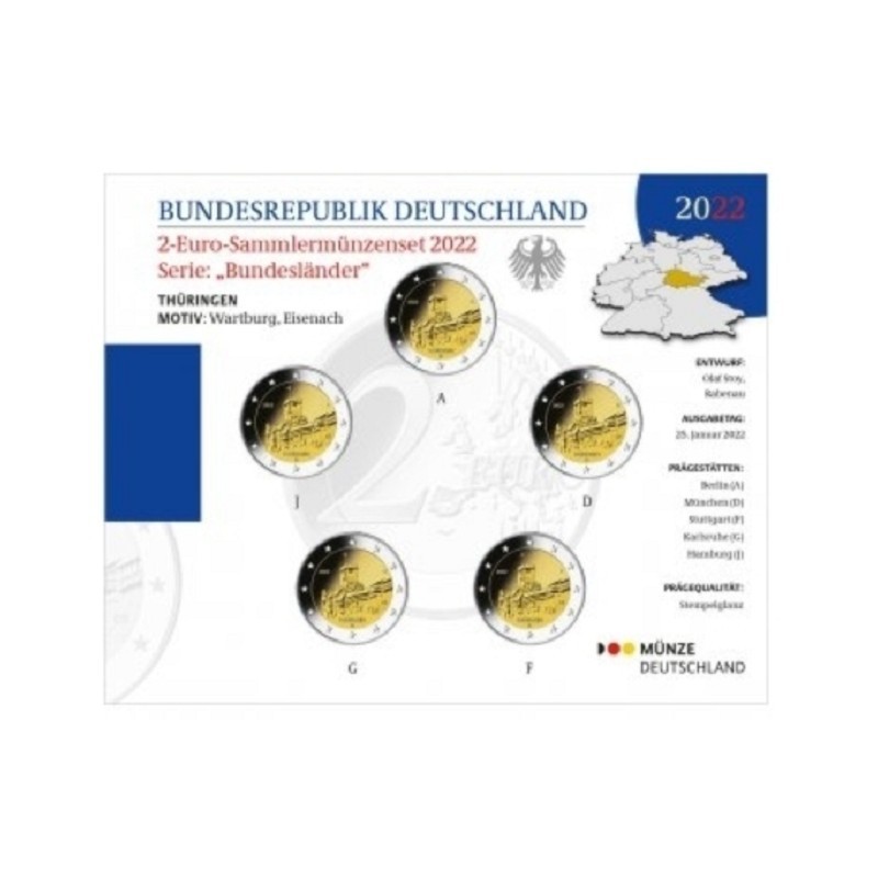 Euromince mince 2 Euro Nemecko \\"ADFGJ\\" 2022 - Thüringen (BU)