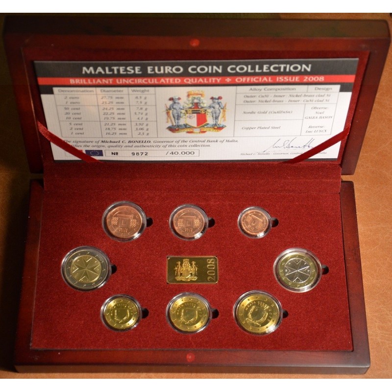 eurocoin eurocoins Set of 8 coins Malta 2008 in wooden box (BU)