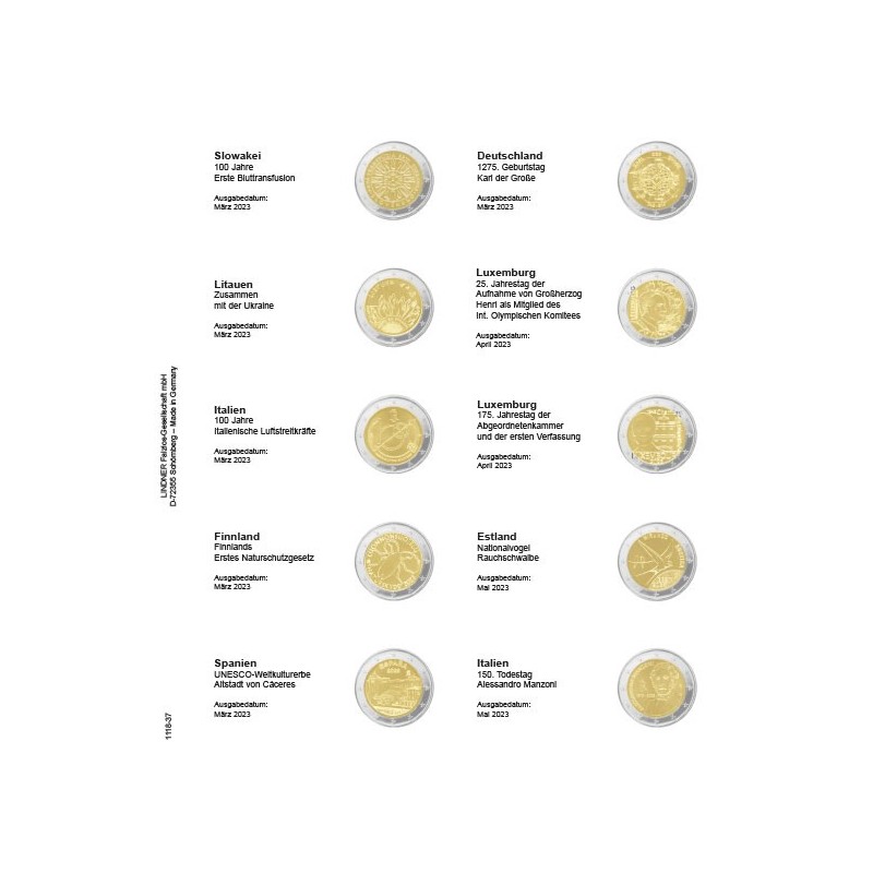 Lindner page 37 into album of 2 Euro coins (March 2023 - May 2023)