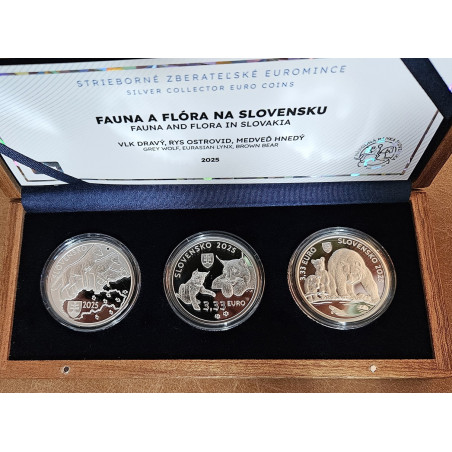 3 x 3,33 Euro Slovakia 2025 Fauna and flora: the grey wolf, the Eurasian lynx, the brown bear (Proof)