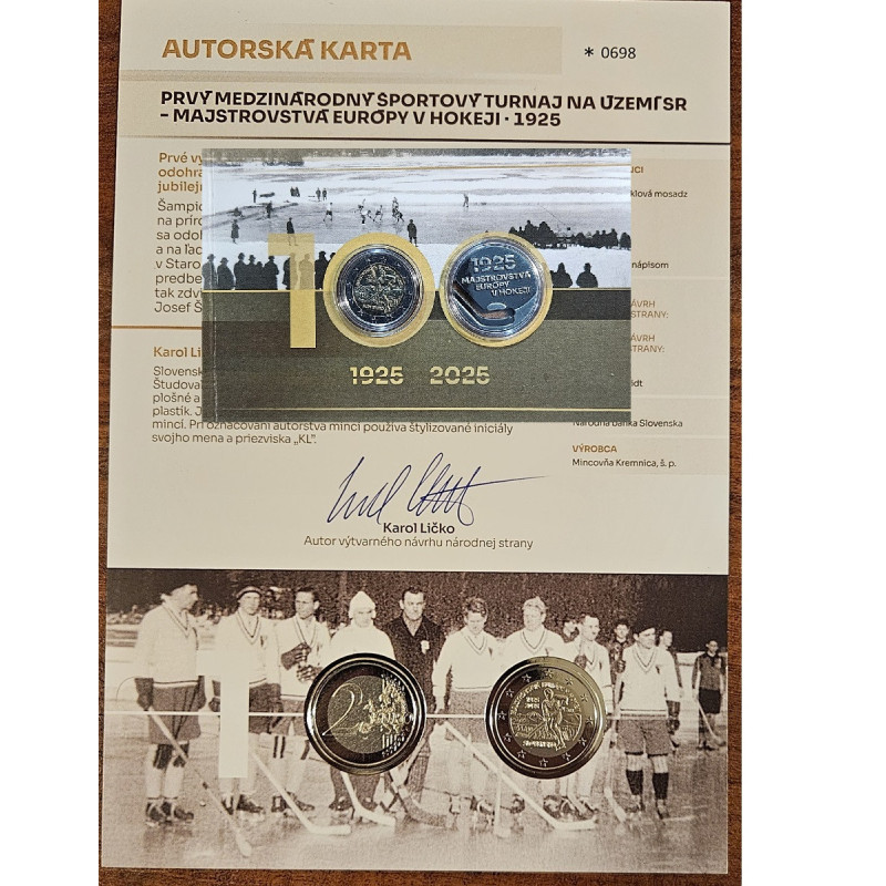 2 Euro Slovensko 2025 - 100. výročie majstrovstiev Európy v hokeji (UNC karta s medailou a pamätným listom)