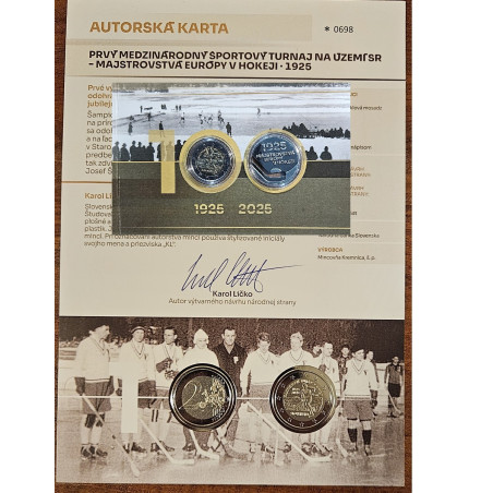 2 Euro Slovensko 2025 - 100. výročie majstrovstiev Európy v hokeji (UNC karta s medailou a pamätným listom)