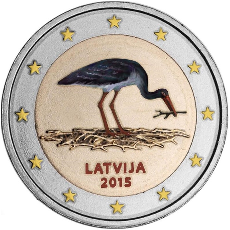 Euromince mince 2 Euro Lotyšsko 2015 - Bocian čierny III. (farebná ...