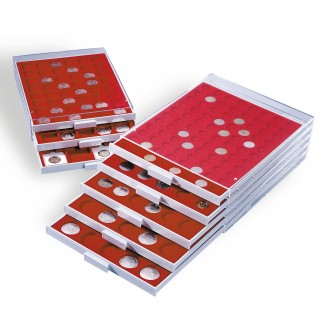 Grey/red Leuchtturm plastic box for 35 capsulas of 2 Euro (50 cent) coins