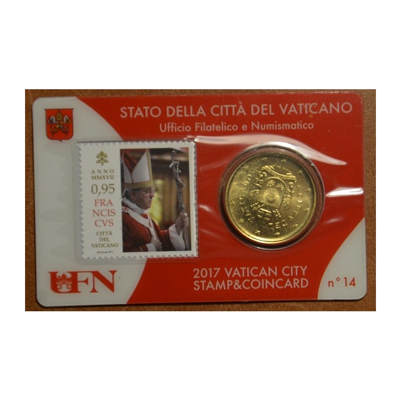 Euromince mince 50 cent Vatikán 2017 oficiálna karta so známkou No....